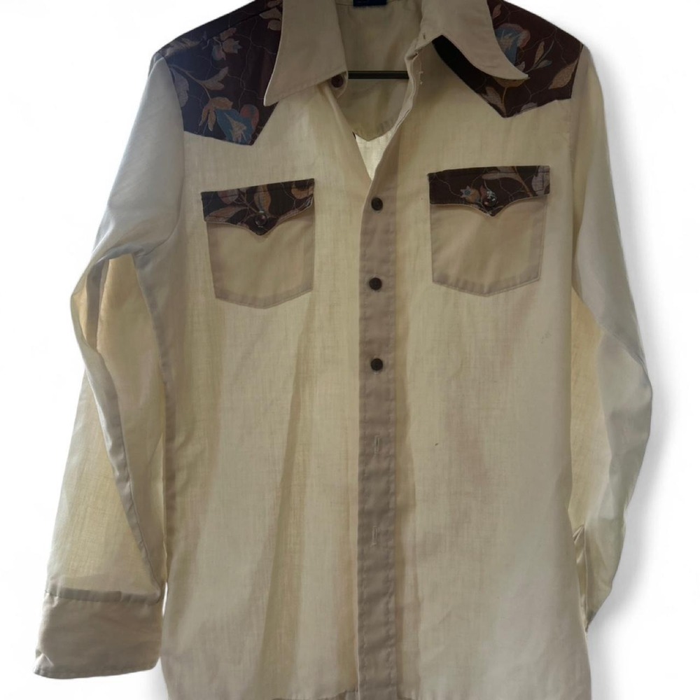 True vintage Cream & brown floral print button-up shirt‎ with dagger collar (M4)